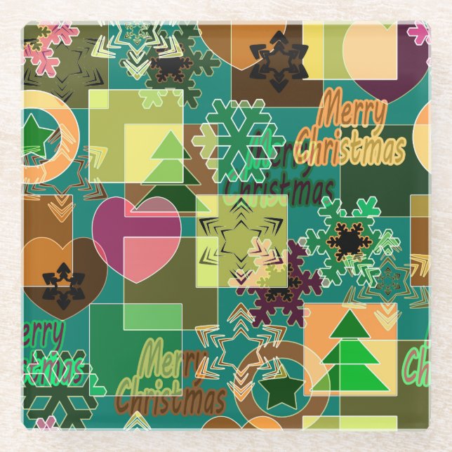 Seamless Merry Christmas Snowflake dark green colo Glass Coaster (Front)