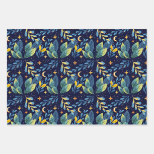 Seamless Midnight Botanical Pattern Wrapping Paper Sheets