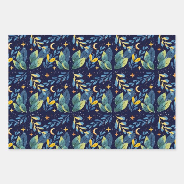 Seamless Midnight Botanical Pattern Wrapping Paper Sheets (Front)
