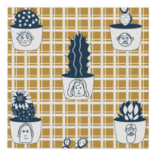 Seamless modern pattern with potted cacti, cute fa faux canvas print