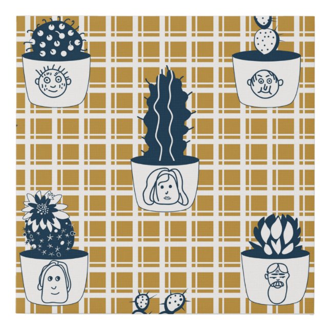 Seamless modern pattern with potted cacti, cute fa faux canvas print (Front)