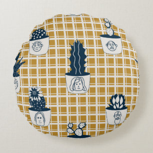 Seamless modern pattern with potted cacti, cute fa round pillow