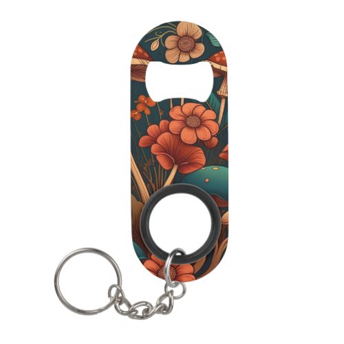Seamless Mushroom and Flower Pattern Vintage Keychain Bottle Opener