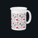 Seamless nautical pattern beverage pitcher<br><div class="desc">Seamless nautical pattern with nautical symbols (sailing boat,  anchor,  waves,  seahorse,  seashell) and red hearts decoration with text design on white background</div>
