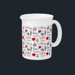 Seamless nautical pattern beverage pitcher<br><div class="desc">Seamless nautical pattern with nautical symbols (sailing boat,  anchor,  waves,  seahorse,  seashell) and red hearts decoration with text design on white background</div>