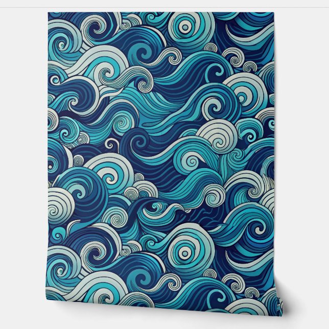 Seamless Ocean Waves Pattern Blue Nautical Swirls Wallpaper (Unrolling)