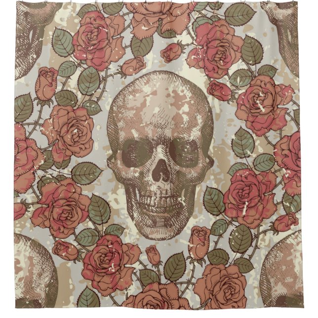 Seamless ornament in a retro style with skulls and shower curtain (Front)