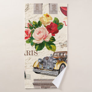 Seamless Paris vintage background with retro car,  Bath Towel