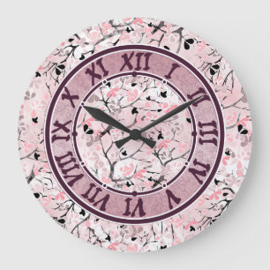 Seamless pastel spring cherry flowers pink white n large clock
