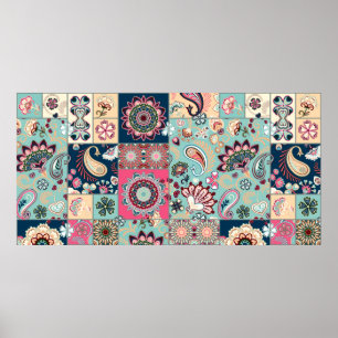 Seamless patchwork background with paisley and flo poster