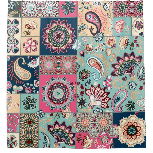 Seamless patchwork background with paisley and flo shower curtain (Front)