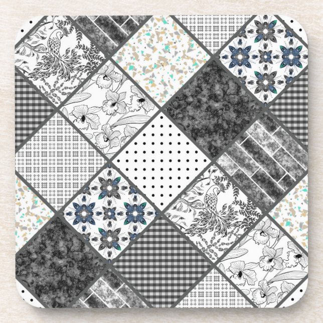 Seamless patchwork monochrom black gray white patc beverage coaster (Front)
