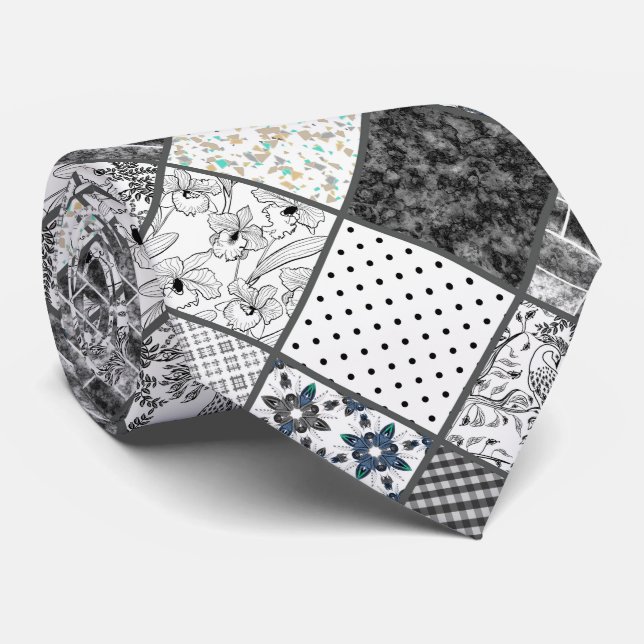 Seamless patchwork monochrom black gray white patc neck tie (Rolled)