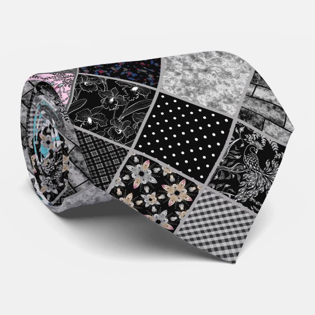 Seamless patchwork monochrom black gray white patc neck tie (Rolled)