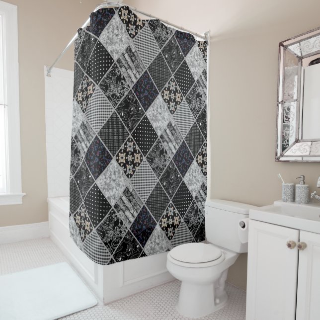 Seamless patchwork monochrom black gray white patc shower curtain (In Situ)