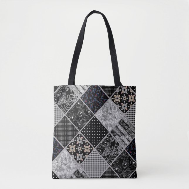 Seamless patchwork monochrom black gray white patc tote bag (Front)
