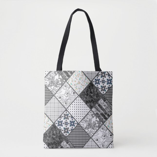 Seamless patchwork monochrom black gray white patc tote bag (Front)