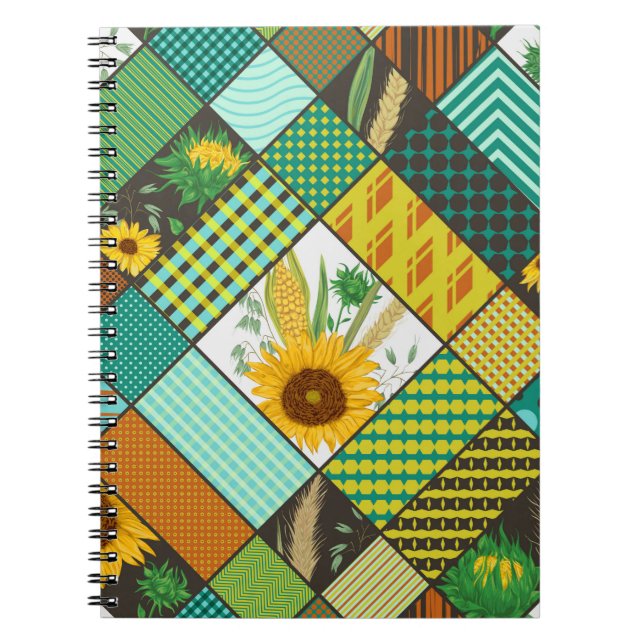 Seamless patchwork pattern with cereals, sunflower notebook (Front)