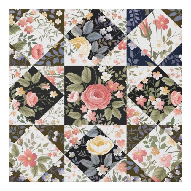 seamless patchwork pattern with flowers faux canvas print (Front)