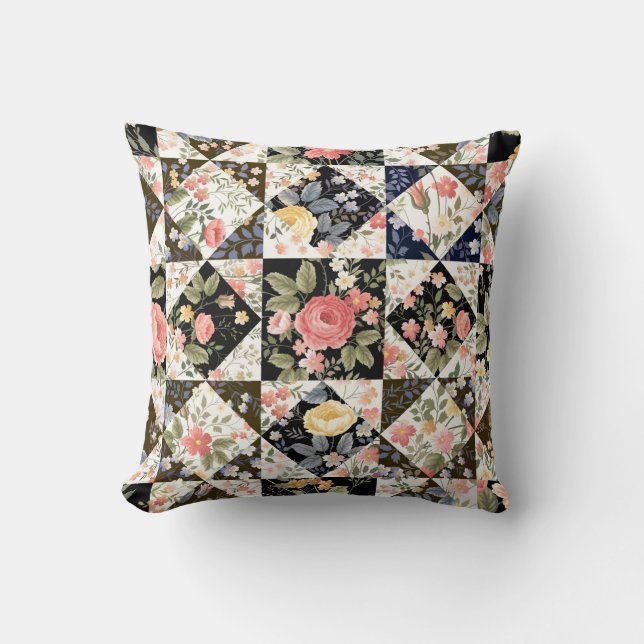 seamless patchwork pattern with flowers throw pillow (Front)