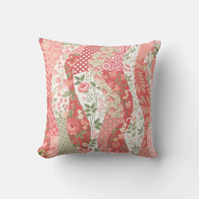 seamless patchwork pattern with roses throw pillow (Front)