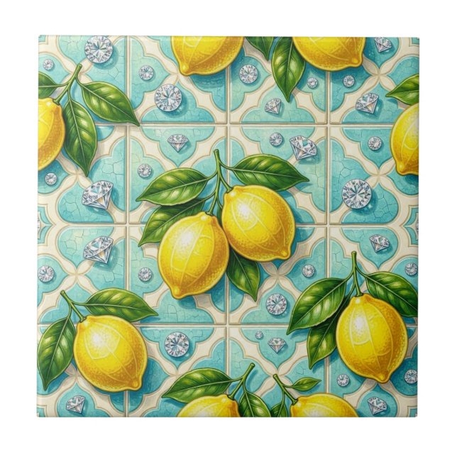 Seamless Pattern Art Deco Lemons and Diamonds Ceramic Tile (Front)