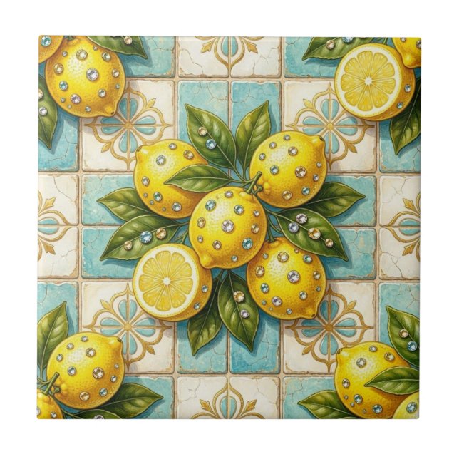 Seamless Pattern Art Deco Lemons and Diamonds Ceramic Tile (Front)