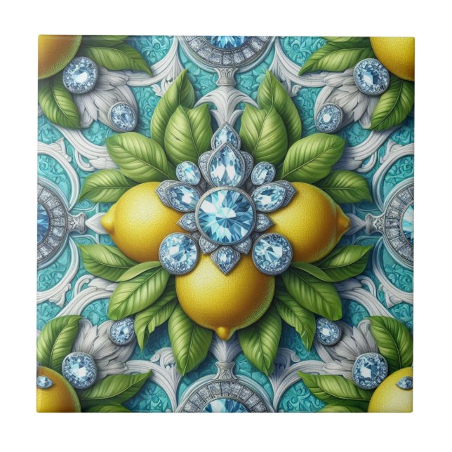 Seamless Pattern Art Deco Lemons and Diamonds Ceramic Tile (Front)