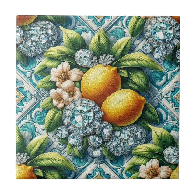 Seamless Pattern Art Deco Lemons and Diamonds Ceramic Tile (Front)