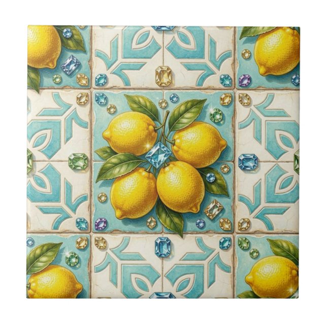 Seamless Pattern Art Deco Lemons and Diamonds Ceramic Tile (Front)
