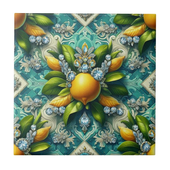 Seamless Pattern Art Deco Lemons and Diamonds Ceramic Tile (Front)