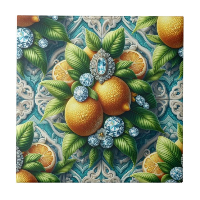 Seamless Pattern Art Deco Lemons and Diamonds Ceramic Tile (Front)
