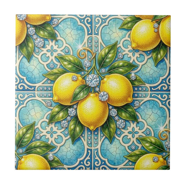 Seamless Pattern Art Nouveau Lemons and Diamonds Ceramic Tile (Front)