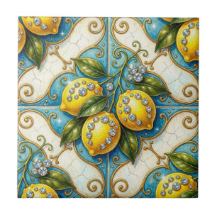 Seamless Pattern Art Nouveau Lemons and Diamonds Ceramic Tile