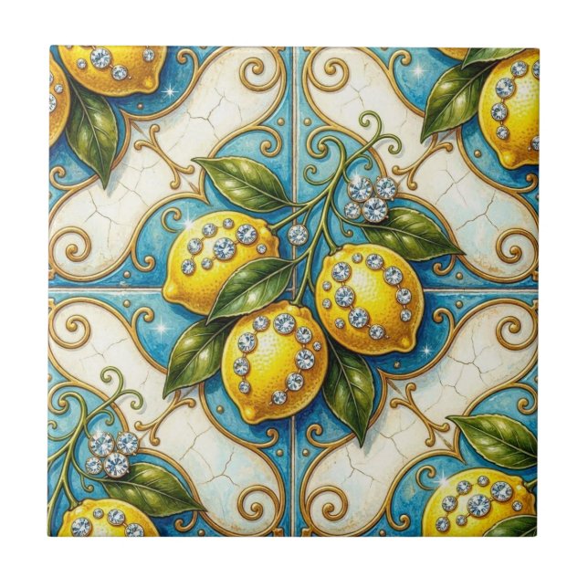 Seamless Pattern Art Nouveau Lemons and Diamonds Ceramic Tile (Front)