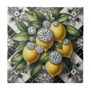 Seamless Pattern B&W Art Deco Lemons and Diamonds Ceramic Tile
