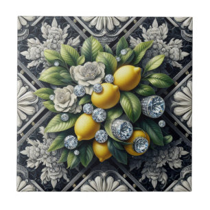 Seamless Pattern B&W Art Deco Lemons and Diamonds Ceramic Tile