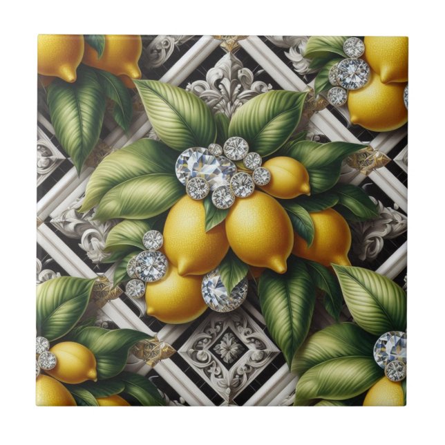 Seamless Pattern B&W Art Deco Lemons and Diamonds Ceramic Tile (Front)