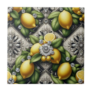 Seamless Pattern B&W Art Deco Lemons and Diamonds Ceramic Tile