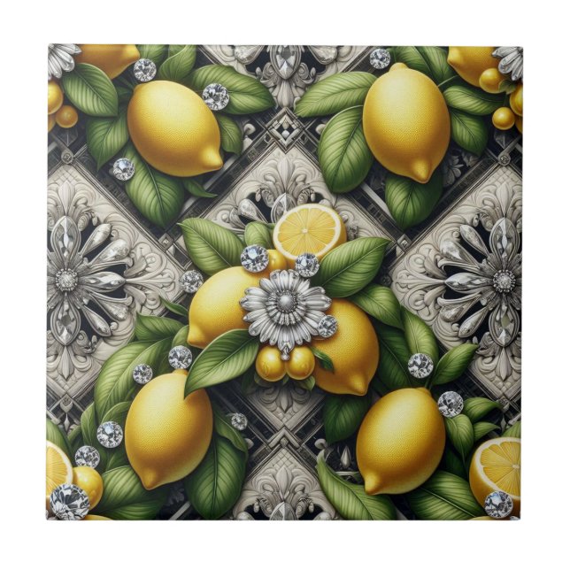Seamless Pattern B&W Art Deco Lemons and Diamonds Ceramic Tile (Front)