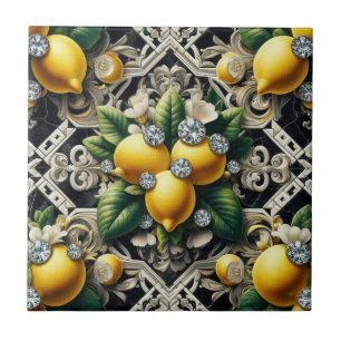 Seamless Pattern B&W Art Deco Lemons and Diamonds Ceramic Tile