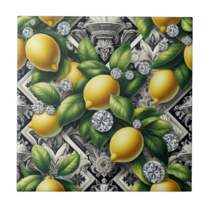 Seamless Pattern B&W Art Deco Lemons and Diamonds Ceramic Tile