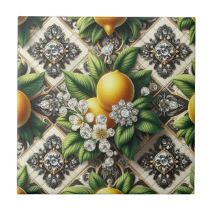 Seamless Pattern B&W Art Deco Lemons and Diamonds Ceramic Tile