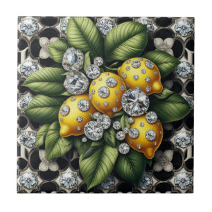 Seamless Pattern B&W Art Deco Lemons and Diamonds Ceramic Tile