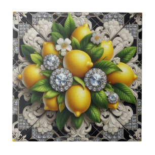 Seamless Pattern B&W Art Deco Lemons and Diamonds Ceramic Tile