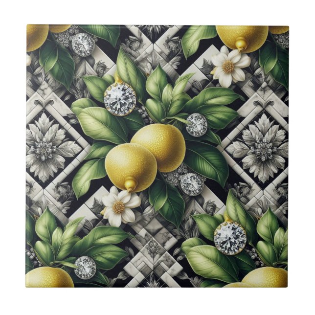 Seamless Pattern B&W Art Deco Lemons and Diamonds Ceramic Tile (Front)