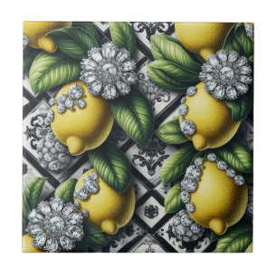 Seamless Pattern B&W Art Deco Lemons and Diamonds Ceramic Tile