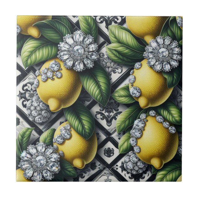 Seamless Pattern B&W Art Deco Lemons and Diamonds Ceramic Tile (Front)