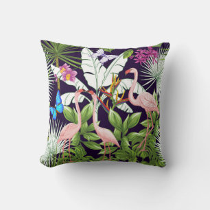 Seamless pattern, background with flamingo and tro throw pillow