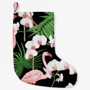 Seamless pattern, background with tropical plants, small christmas stocking